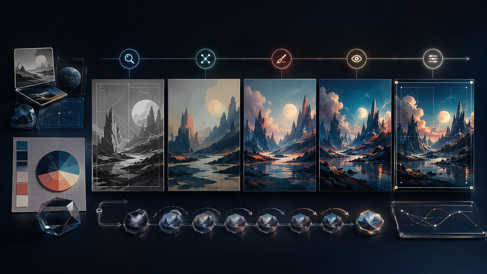 Abstract workflow showing an image being researched, composed, inspected, and refined across several stages