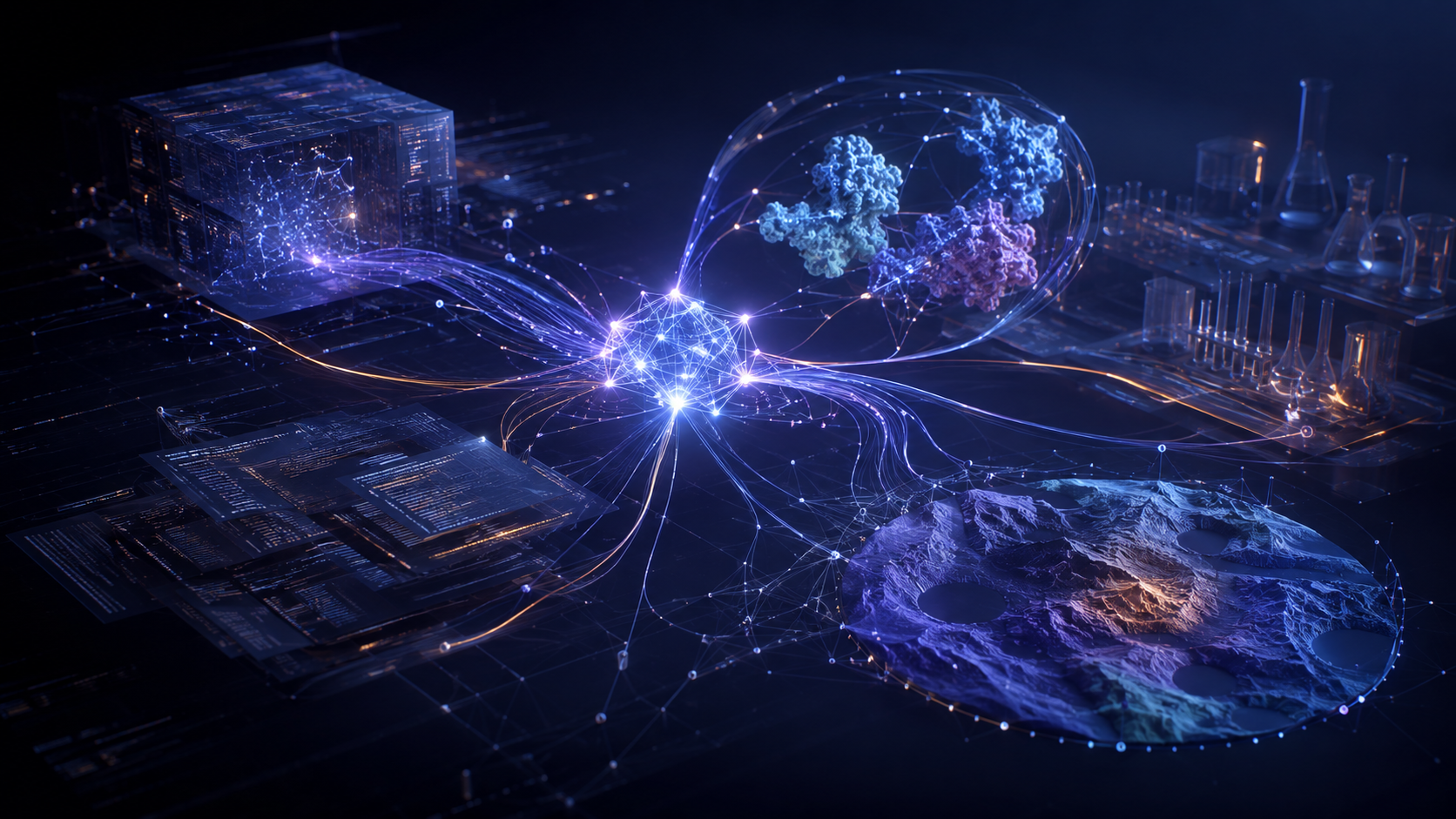 Abstract AI system coordinating software, protein research, laboratory instruments, and planetary mapping